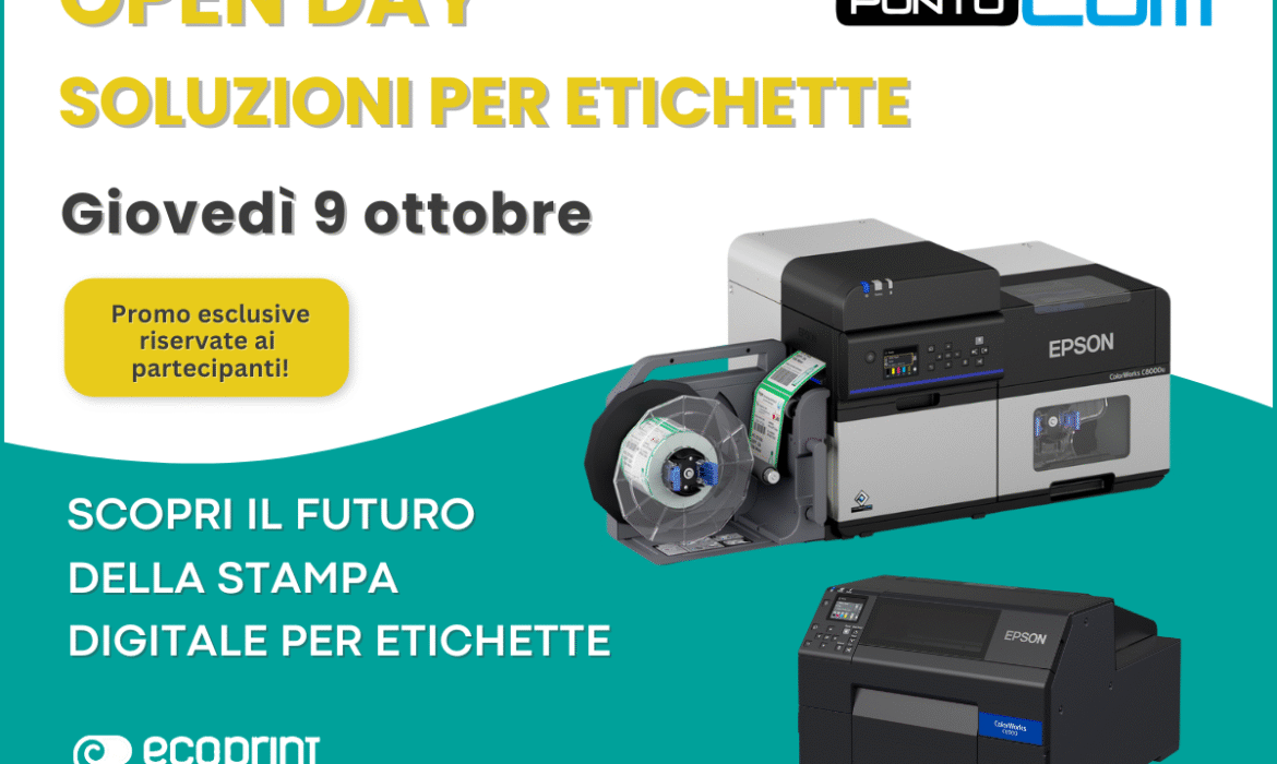 Open Day Ecoprint ad Agrigento – locandina con stampanti Epson ColorWorks e slogan “Scopri il futuro della stampa digitale per etichette”.