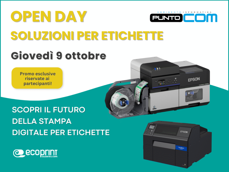Open Day Ecoprint ad Agrigento – locandina con stampanti Epson ColorWorks e slogan “Scopri il futuro della stampa digitale per etichette”.