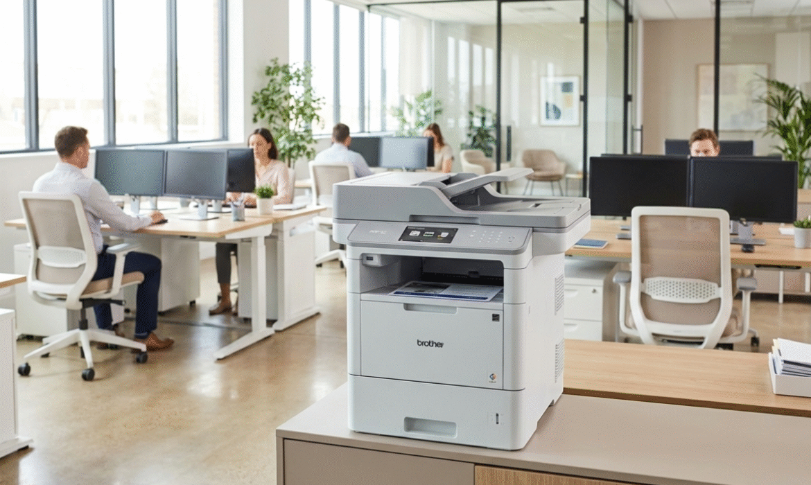 Stampante multifunzione Brother per la stampa per ufficio in un ambiente di lavoro moderno, soluzione Ecoprint