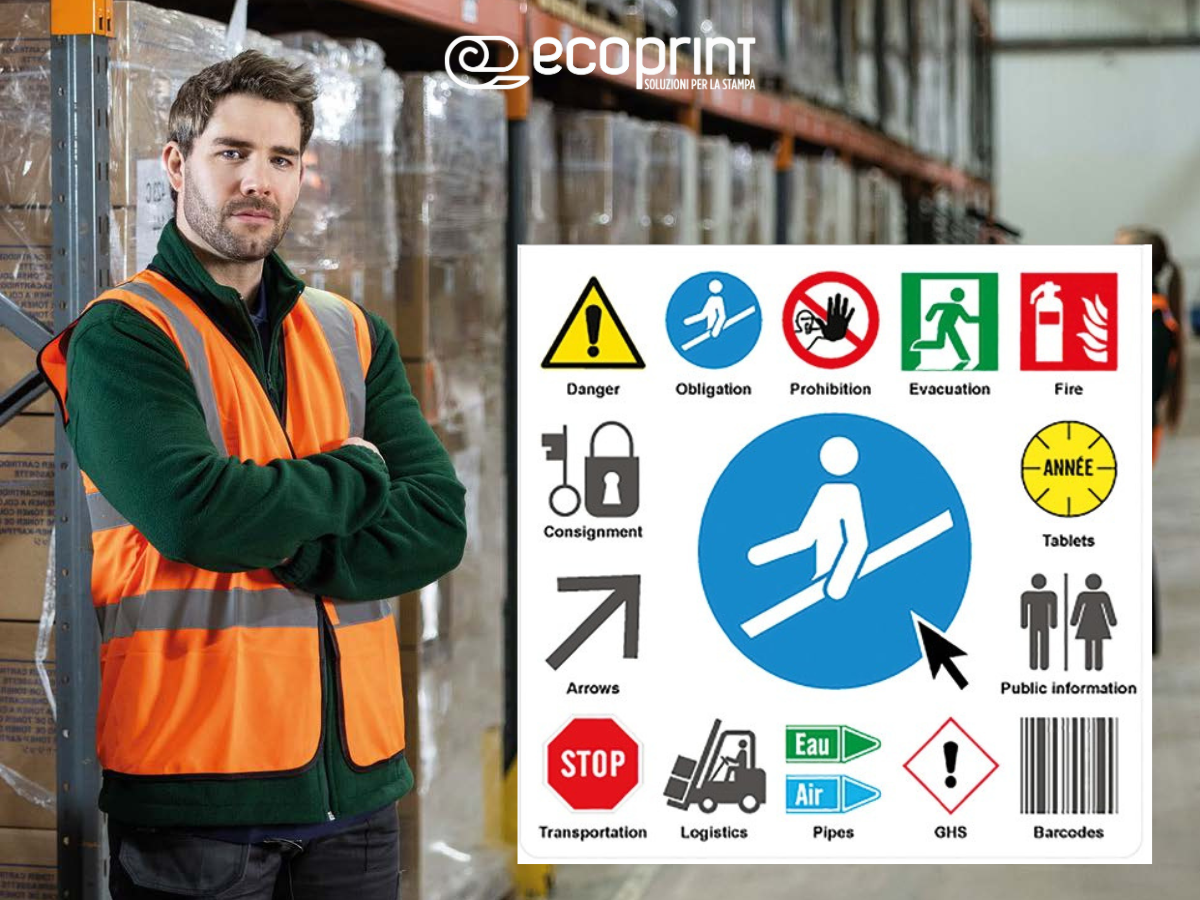 Esempi di segnaletica di sicurezza e pittogrammi utilizzati in magazzino e ambienti di lavoro