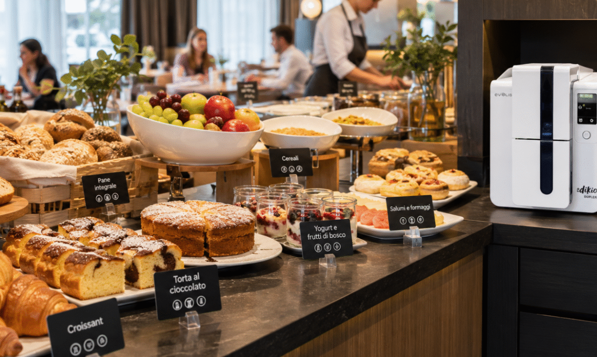 Cartellini prezzo professionali personalizzati per buffet della colazione in hotel