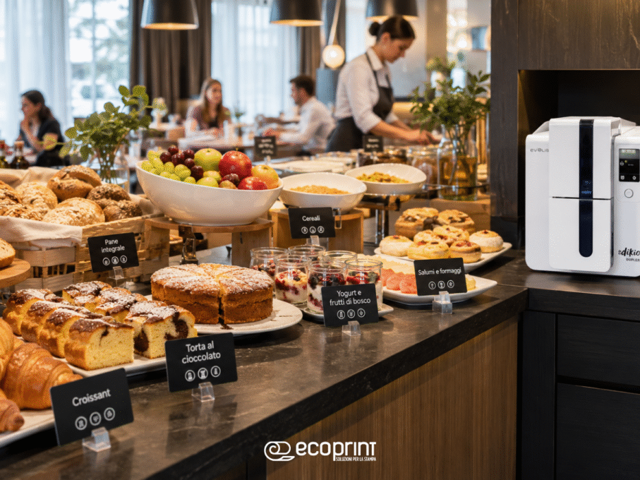 Cartellini prezzo professionali personalizzati per buffet della colazione in hotel