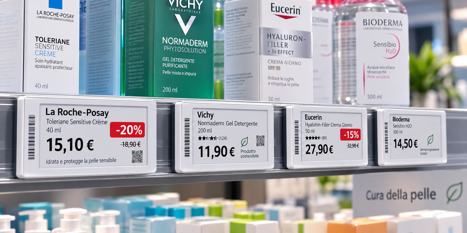 Etichette elettroniche digitali applicate allo scaffale di una farmacia