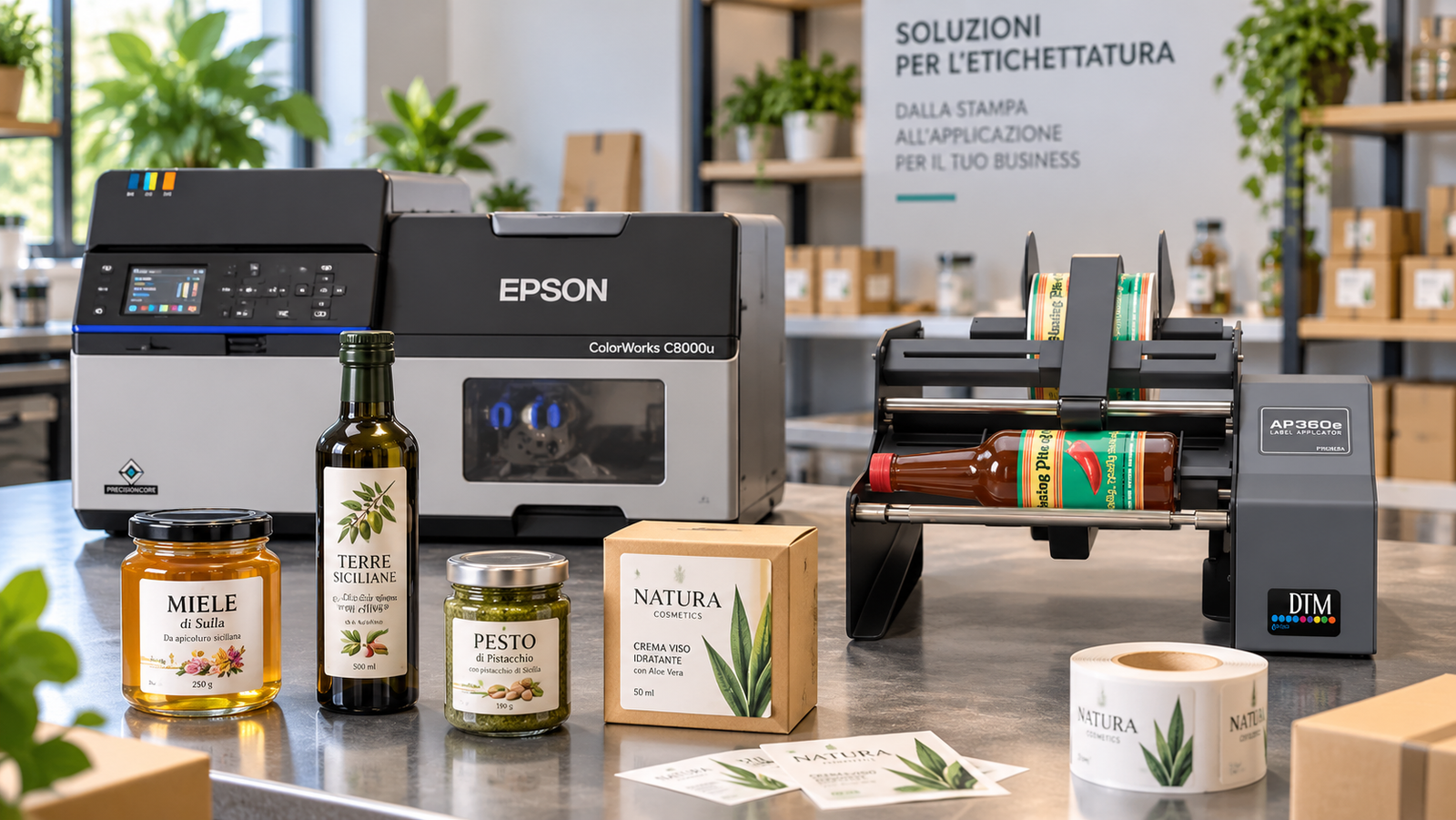 Stampante Epson ColorWorks C8000 e applicatore per etichette professionali