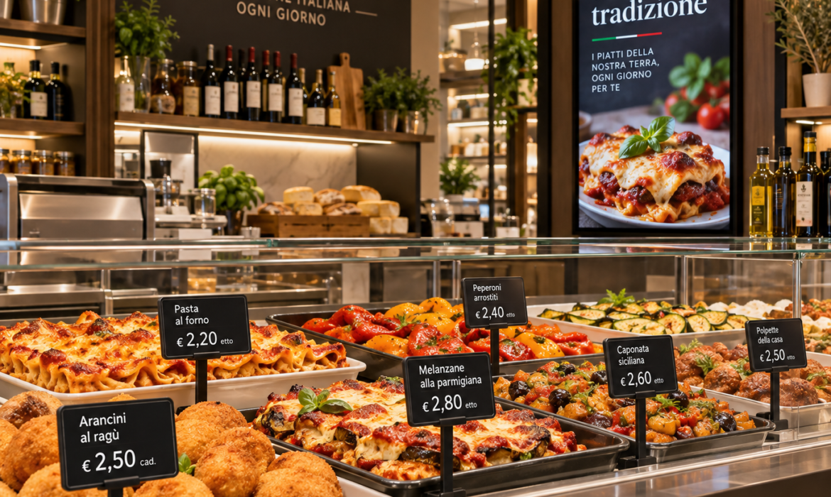 Gastronomia con etichette elettroniche e digital signage per il punto vendita