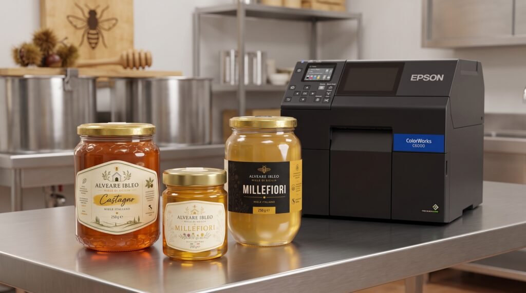 Stampante Epson ColorWorks C6000 per la stampa di etichette a colori per vasetti di miele