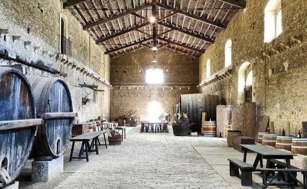 Interno della storica cantina Valle dell'Acate in Sicilia, con botti in legno